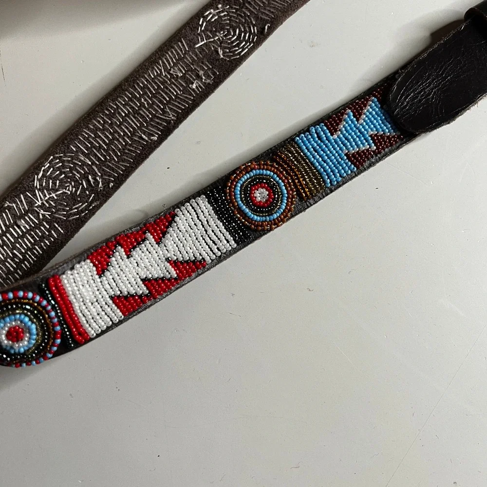 Vintage Southwestern Beaded Leather Belt Brown Geometric Native Style 33-37 Inch